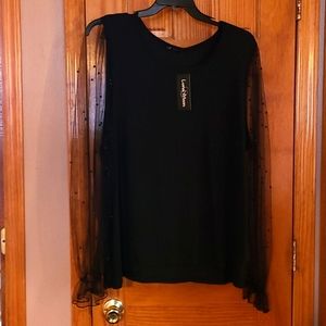 Luna Moon Black Long Sleeve Sheer Beaded Sleeve Shirt SIze 2XL